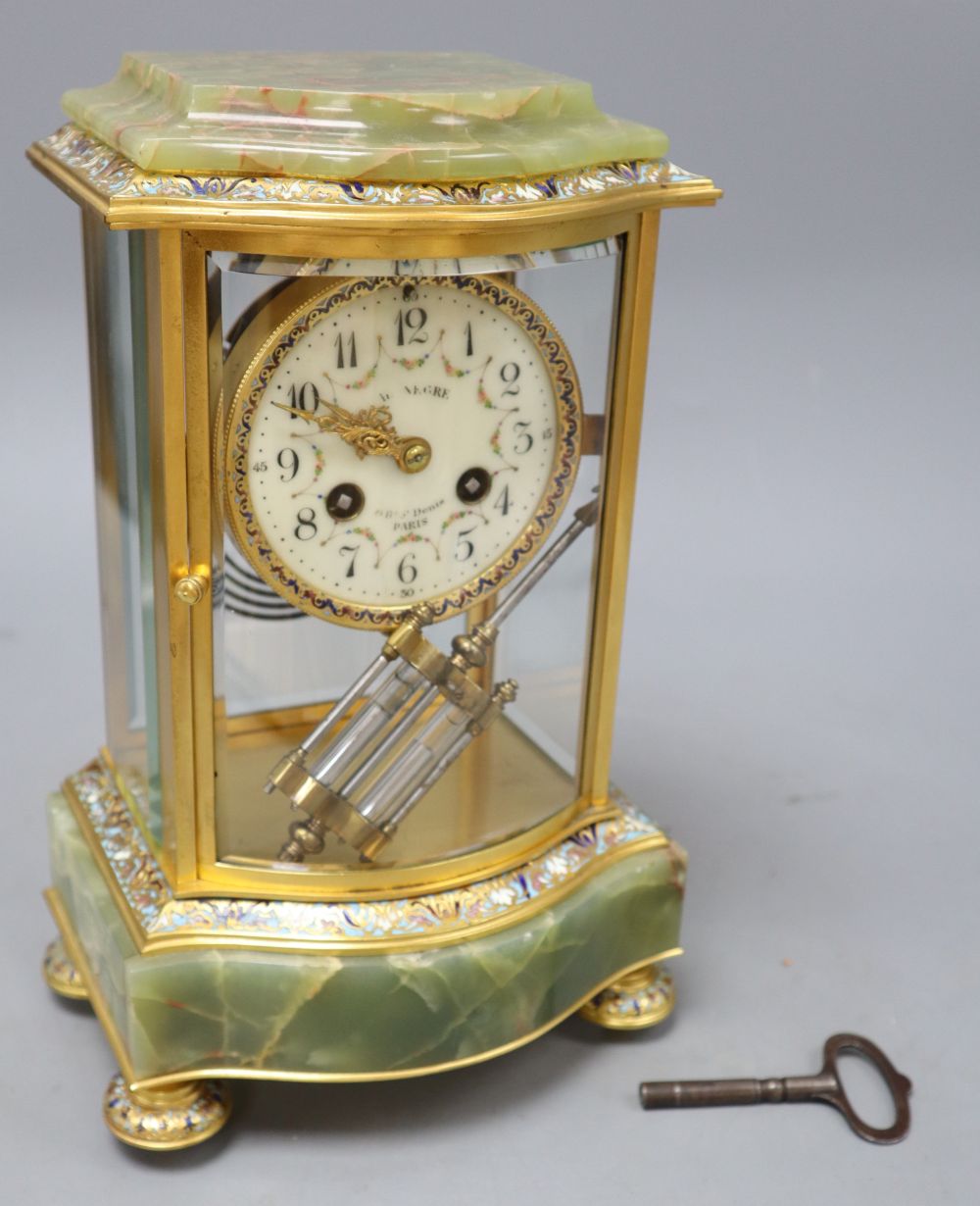 An early 20th century French green onyx, champleve enamel and ormolu mantel clock, includes key, height 27cm